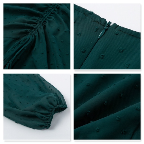 Polka Dot Ruffle Ruched V-Neck Sheath Green Dress - Picture 6 of 8